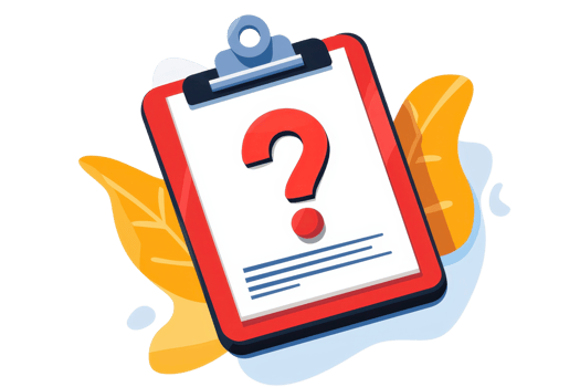 Illustration of a clipboard with a red border and a question mark, surrounded by abstract leaves, symbolizing inquiry and uncertainty. png