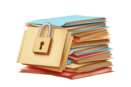 Stack of colorful folders secured with a padlock, symbolizing security, organization, and confidentiality in document management. png
