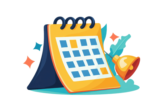 Illustrative calendar with bell and stars, highlighting a reminder or important date. Perfect for planning, organizing, and scheduling. png