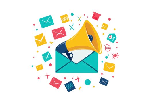 Colorful graphic of email marketing concept with envelope, megaphone, and digital icons symbolizing communication and online promotion. png
