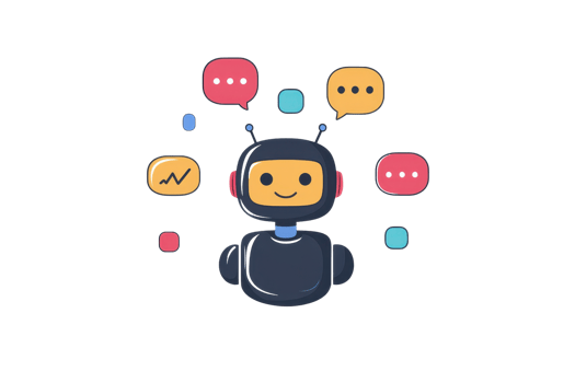 Colorful chatbot illustration with speech bubbles and icons, highlighting modern communication and digital interaction concepts. png