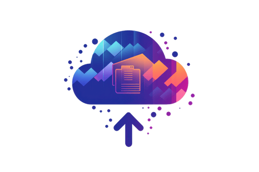 Colorful digital upload icon with cloud and arrow, representing data storage and technology solutions. Perfect for tech and cloud topics. png