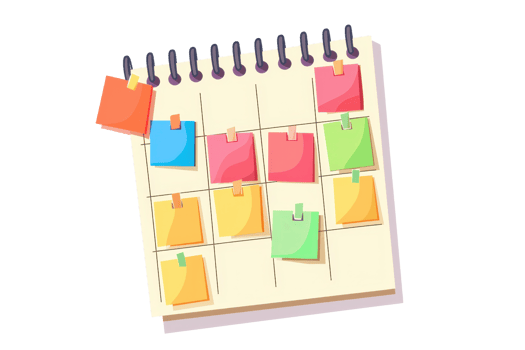 Colorful sticky notes on a spiral calendar for organizing tasks, planning schedules, and managing appointments efficiently. png