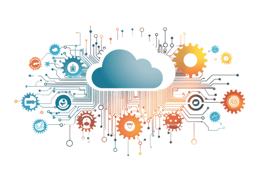 Digital cloud computing concept with connected gears and circuits, symbolizing modern technology, innovation, and data management. png