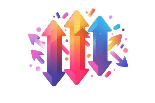 Colorful arrows pointing upward with symbols on transparent background, representing growth, upward movement, and success in vibrant tones. png