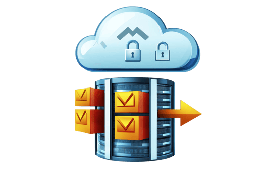 Cloud computing network with data storage and security elements. Conceptual illustration of digital safety, connectivity, and technology. png