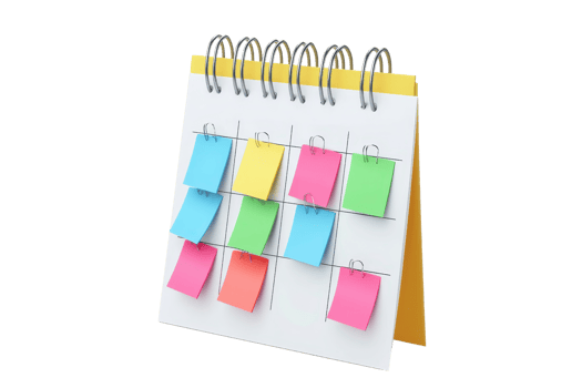 Colorful sticky notes on a spiral-bound calendar. Organized planning and time management concept. png
