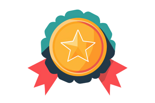 Colorful medal illustration with a central golden star and vibrant ribbon, symbolizing achievement and excellence in a playful, modern design. png