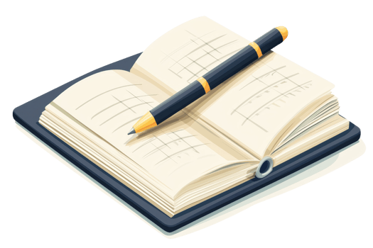 An open planner with a pen resting on it, symbolizing organization, productivity, and writing inspiration on a wooden desk. png