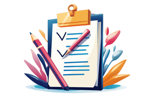 Colorful clipboard with checklist and pencil, surrounded by vibrant leaves, symbolizing organization and productivity in a creative setting. png