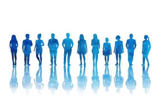 Abstract watercolor silhouettes of diverse people stand together, blending shades of blue, symbolizing unity and diversity. png