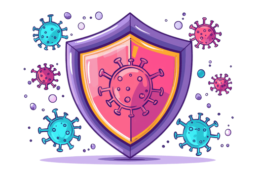 Colorful graphic of a shield protecting against viruses, symbolizing defense and prevention in health and safety concepts. png