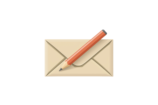 Illustration of a pencil resting on a sealed envelope, symbolizing communication, correspondence, and creative writing. png
