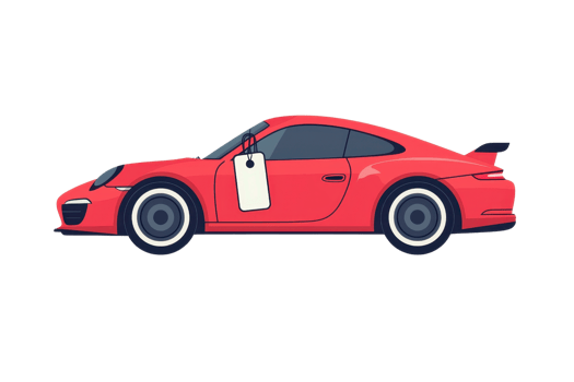 Illustration of a red sports car with a price tag, viewed from the side, symbolizing luxury, speed, and style in automotive design. png