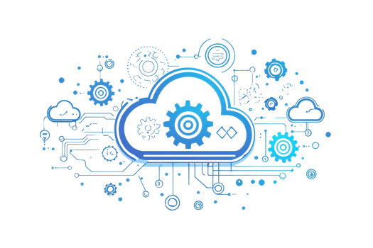 Illustration of cloud computing concept with digital gears and circuits, symbolizing data management and technology innovation. png