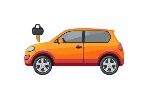 Illustration of a vibrant orange cartoon car with a key in the lock, showcasing a playful and simple design on a transparent background. png