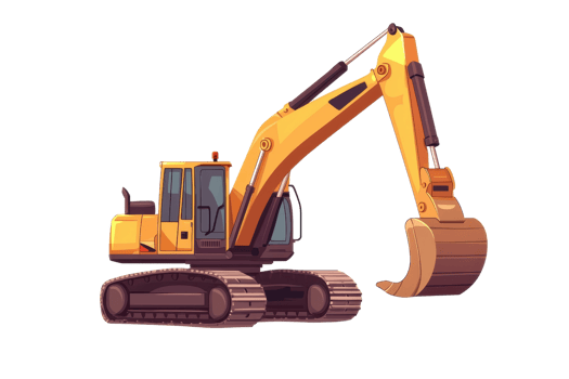 Illustration of a yellow excavator with a long arm and bucket, ideal for construction and industrial themes in digital projects. png