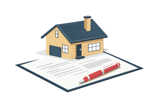 Illustration of a house model on a legal document with a red pen, representing real estate, mortgage, or home ownership agreements. png