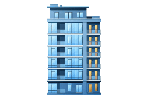 Illustration of a modern blue apartment building with multiple floors and large windows, ideal for real estate or urban design concepts. png