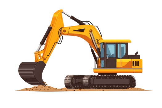 Illustration of a construction excavator with a hydraulic arm and bucket, digging into earth, isolated on transparent background. png