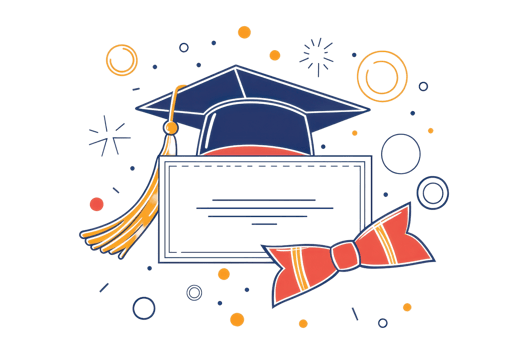 Illustration of a graduation cap, certificate, and bowtie surrounded by celebratory confetti, symbolizing achievement and success. png
