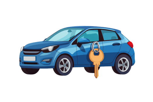 Illustration of a blue compact car with a large key. Perfect for concepts of car rental, ownership, or transportation services. png