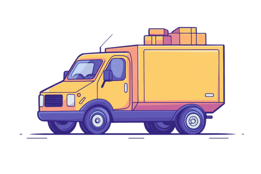 Illustration of a yellow delivery truck with boxes on its roof, symbolizing logistics, transportation, and shipping services. png
