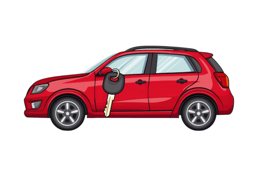Illustration of a red car with a large key, symbolizing car ownership, auto purchase, or vehicle rental. Ideal for automotive themes. png