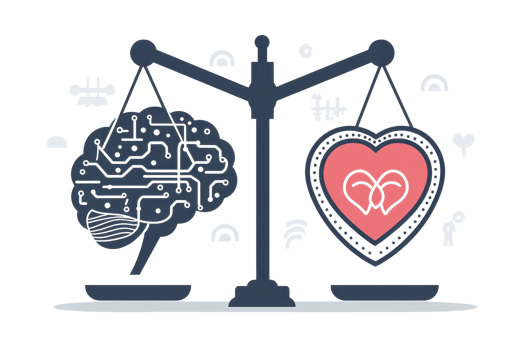 Illustration of a balanced scale with a brain and heart, representing the harmony between mind and emotion, ideal for concepts of decision-making. png
