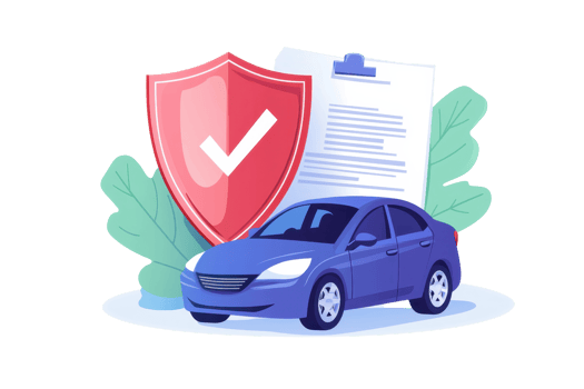 Illustration of a blue car, shield with check mark, and documents symbolizing auto insurance and protection. Ideal for finance concepts. png
