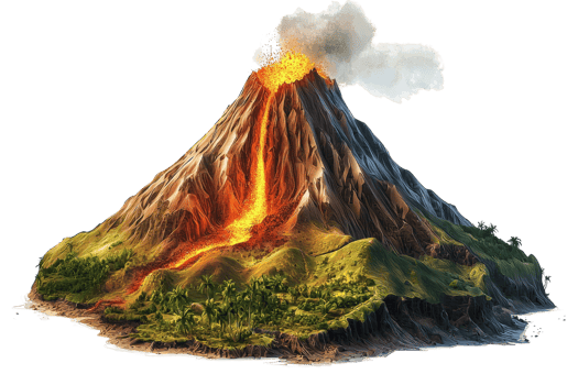 Illustration of an erupting volcano with lava flow, smoke cloud, and green landscape, depicting a natural disaster and geological phenomenon. png