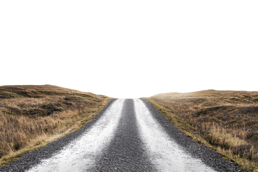 Empty gravel road stretching into the horizon, flanked by grassy fields under a clear sky, representing solitude and the journey ahead. png