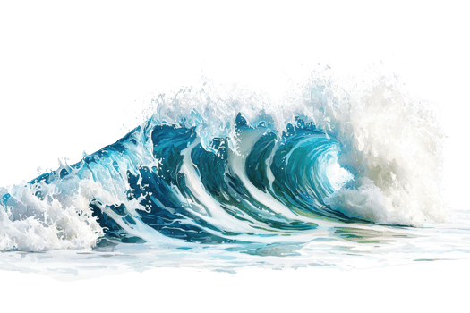 Dynamic ocean wave crashing, showcasing the power and beauty of nature with foamy water and blue hues under clear skies. png