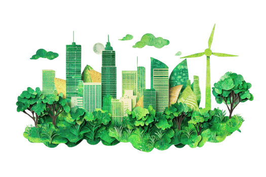 Illustration of a sustainable city with skyscrapers, trees, and a wind turbine, depicting green urban living and environmental conservation. png