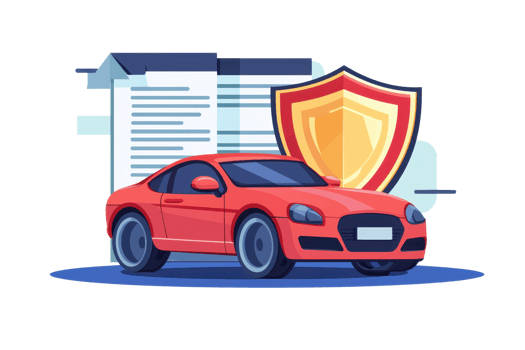 Illustration of a red car with a protection shield and documents, symbolizing automobile insurance or safety measures. png