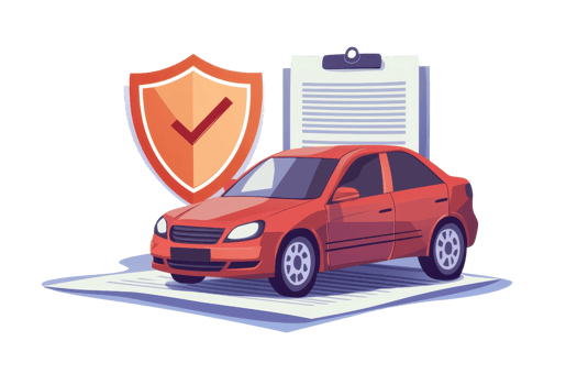 Illustration of a red car with a clipboard and protective shield, symbolizing vehicle insurance and protection. Ideal for coverage concepts. png