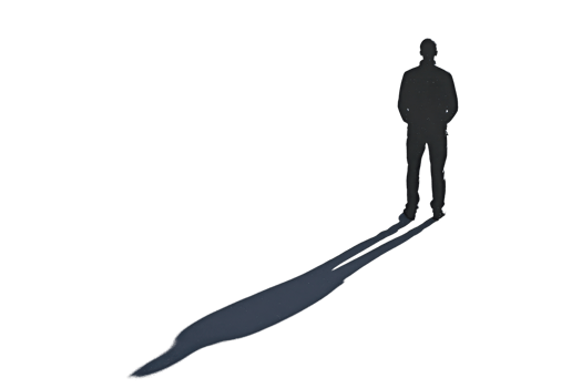 Silhouette of a person standing with their shadow elongated on the ground, captured in stark contrast against a transparent background. png
