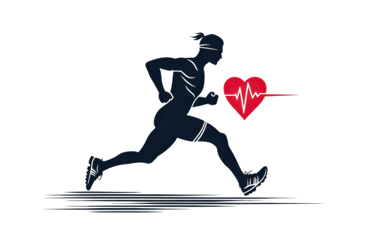 Silhouette of a runner next to a heart icon, symbolizing fitness, health, and cardiovascular wellness. Conceptual illustration. png