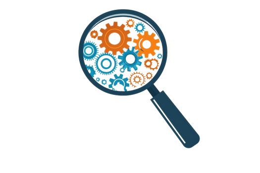Magnifying glass focusing on colorful interconnected gears, symbolizing analysis, teamwork, and problem-solving in a digital context. png
