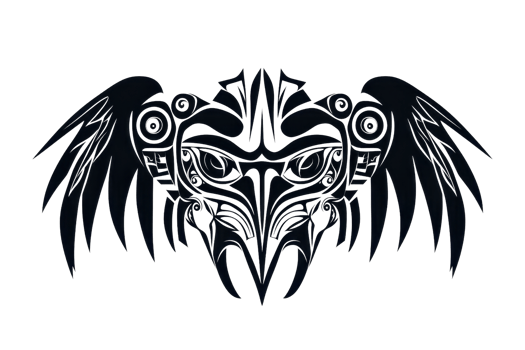 Intricate tribal bird tattoo design with wings spread, showcasing symmetrical patterns in black. Perfect for artistic and cultural themes. png
