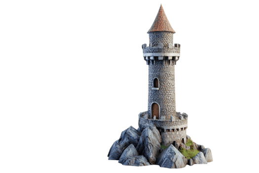 Medieval stone tower perched on rocky terrain, featuring a conical rooftop, represents ancient architecture and historical fortification. png