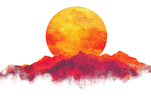 Vibrant watercolor painting of a sunset over mountains with fiery colors blending into the clouds. png