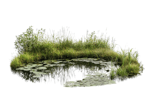 Serene natural pond surrounded by lush vegetation and lily pads, perfect for nature and landscape themes in photography. png