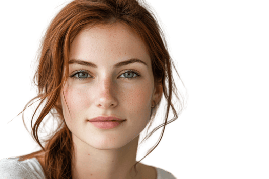 Portrait of a young woman with red hair and fair skin looking at the camera against a transparent background. Natural beauty and serene expression. png