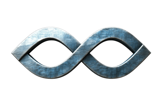 Metallic infinity symbol with a weathered texture representing eternity, limitless potential, and balance in a minimalist style. png