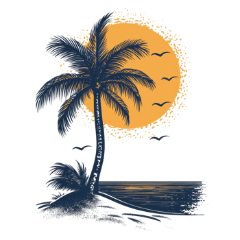 Sunset silhouette of a palm tree on a tranquil beach, with birds flying, capturing serene coastal vibes and natural beauty. png