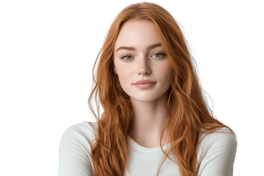 Young woman with red hair and a serene expression, wearing a white shirt, posing against a transparent background. png