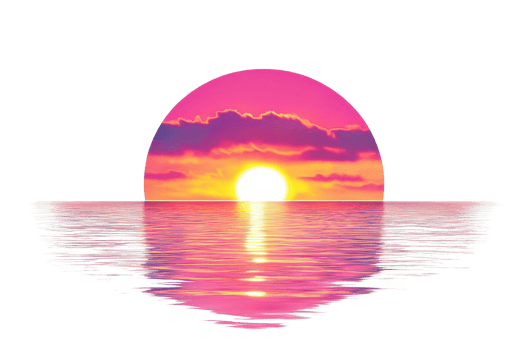 Vibrant sunset over calm ocean waters with a colorful sky and glowing sun, creating a serene and picturesque scene. png
