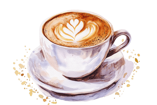 Warm latte with intricate floral latte art in a ceramic cup on a saucer, perfect for coffee enthusiasts and cozy settings. png
