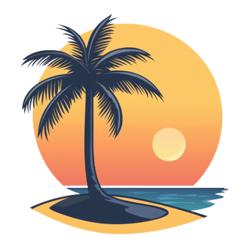 Tropical beach at sunset with a silhouette of a palm tree and sun setting over the ocean, creating a serene and tranquil atmosphere. png